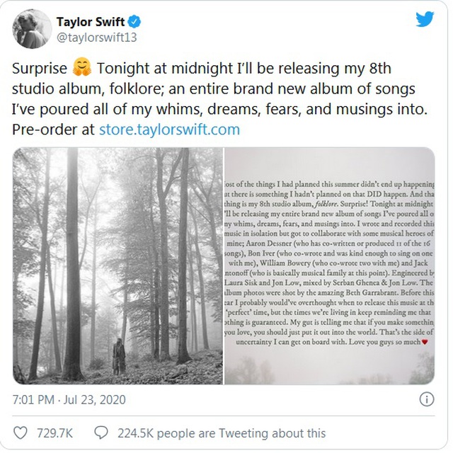 Taylor Swift, Folklore, MV Cardigan, album mới của Taylor Swift, khi nào Taylor Swift phát hành Folklore, thông tin đầy đủ về Folklore của Taylor Swift