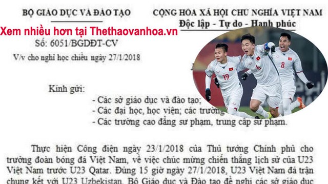 Bộ GD&ĐT đề nghị công an điều tra công văn cho học sinh nghỉ học xem U23 Việt Nam đá Chung kết