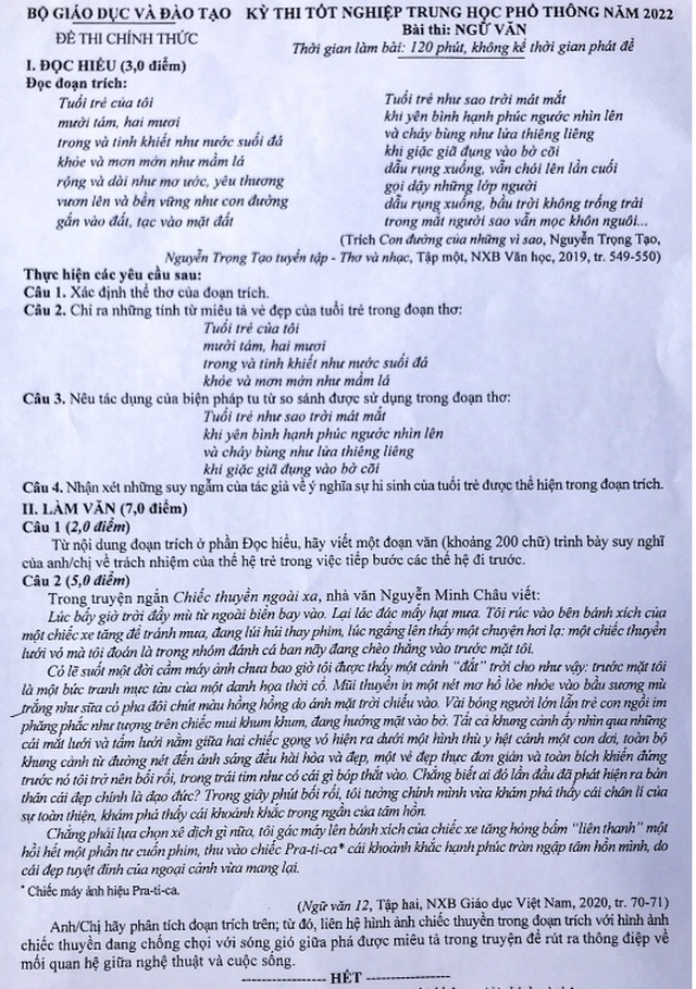 Đáp án môn văn, Đề thi Văn, Đáp án Văn, Đề thi môn Văn, đáp án môn văn tốt nghiệp THPT 2022, Đề thi văn THPT 2022, lời giải môn văn tốt nghiệp THPT 2022, lời giải môn văn