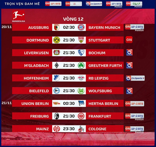 lịch thi đấu bóng đá Bundesliga vòng 12, xem trực tiếp bóng đá Đức, On Sports, On Football, trực tiếp bóng đá, Augsburg vs Bayern Munich, Dortmund vs Stuttgart 