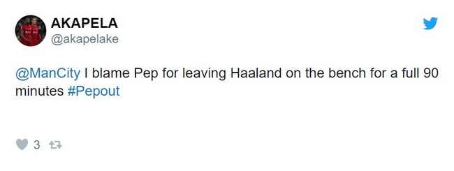 Tài khoản @Akapelake mỉa mai: &quot;Tôi sẽ đổ hết tội lỗi cho Pep Guardiola vì đã cất Haaland trên ghế dự bị xuyên suốt 90 phút&quot;