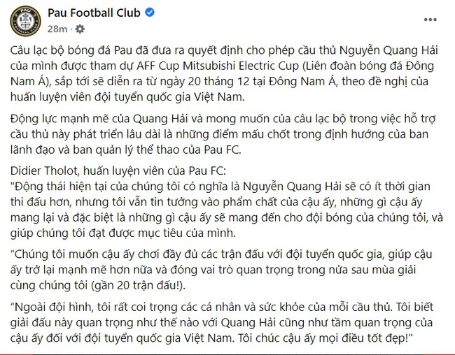Quang Hải dự AFF Cup, CĐV Việt Nam 'cảm ơn' Pau FC - Ảnh 2.