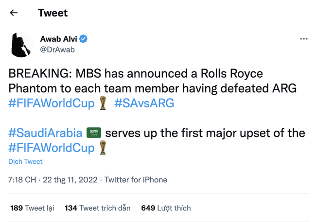 Vụ Đội tuyển Ả Rập Xê Út được thưởng xe Rolls-Royce sau khi chiến thắng Argentina tại WC 2022: Chính chủ chưa lên tiếng - Ảnh 4.