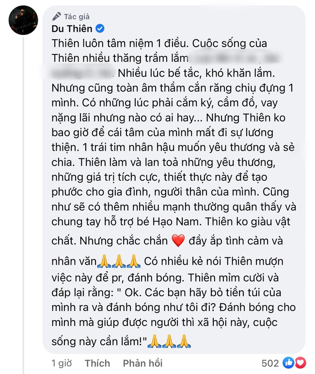 Du Thiên ủng hộ gia đình bé ở Đồng Tháp 20 triệu, phản ứng của netizen thế nào? - Ảnh 4.