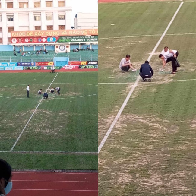 Kỳ lạ BTC sân Khánh Hòa xịt sơn xanh lên sân để 'cát biến thành cỏ' trước trận gặp SLNA ở V-League - Ảnh 2.
