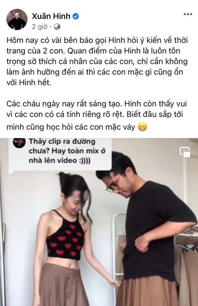 NS Xuân Hinh lên tiếng khi con rể gây bàn tán vì mặc váy ra đường: Các con có cá tính riêng, biết đâu sắp tới mình cũng học hỏi mặc váy - Ảnh 2.