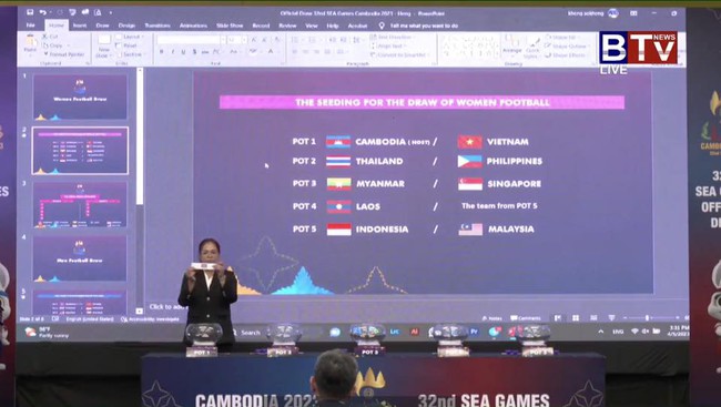 Chủ nhà Campuchia dùng Power Point trong lễ bốc thăm bóng đá SEA Games 32 khiến CĐV bật cười - Ảnh 2.