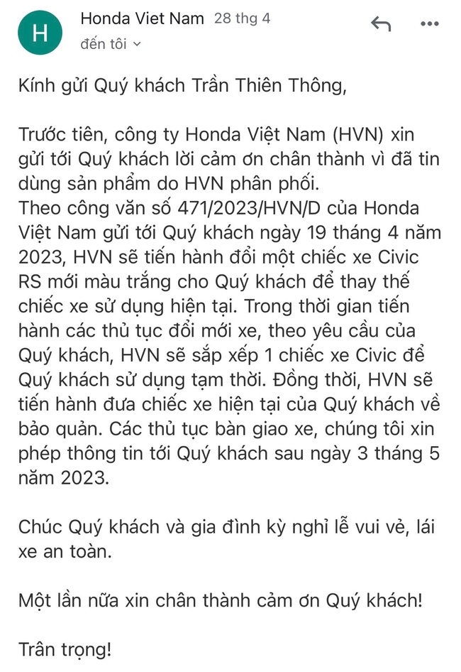Vụ Honda Civic bị sơn lại cửa sau rồi bán cho khách: Honda chịu toàn bộ chi phí đổi trả, đại lý Võ Văn Kiệt hoàn toàn 'phủi tay' - Ảnh 2.