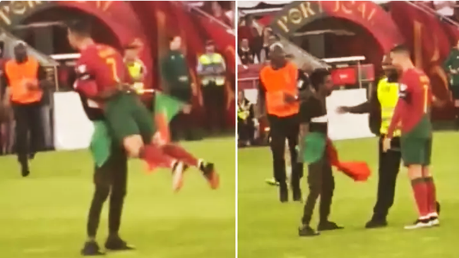 fan cuồng chạy vào sân ôm và nhấc bổng Ronaldo lên ở trận Bồ Đào Nha gặp Bosnia Herzegovina