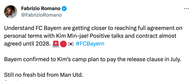 Romano khẳng định Bayern sắp đạt được thỏa thuận chiêu mộ Kim Min-jae