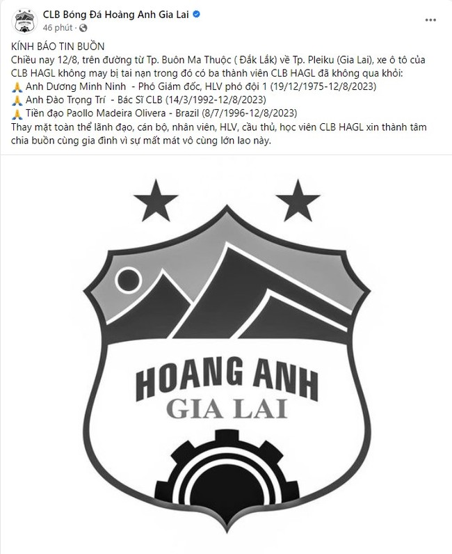 VFF, HLV Park và nhiều người nổi tiếng gửi lời chia buồn tới HAGL sau vụ tai nạn thương tâm - Ảnh 2.