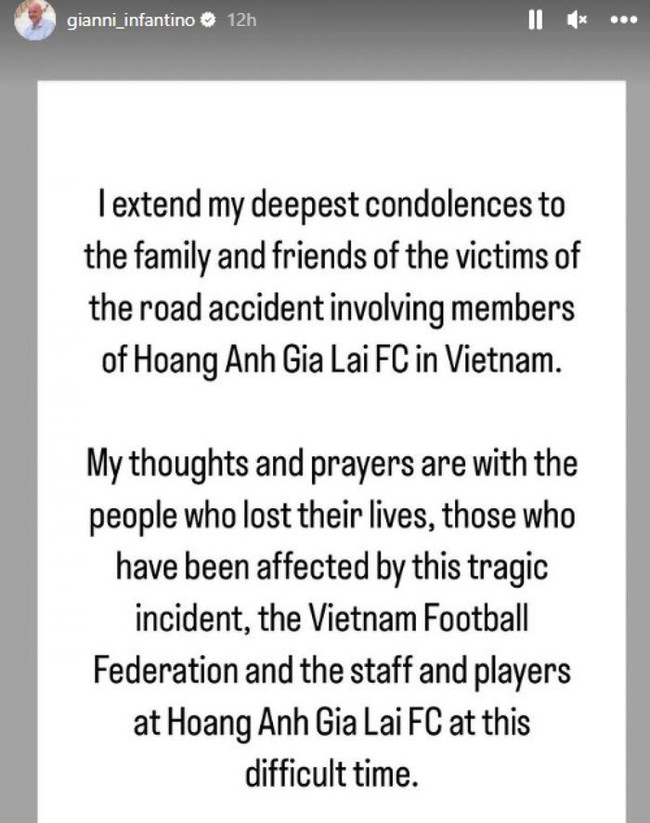 Chủ tịch FIFA chia buồn với CLB HAGL sau vụ tai nạn khiến 3 thành viên qua đời