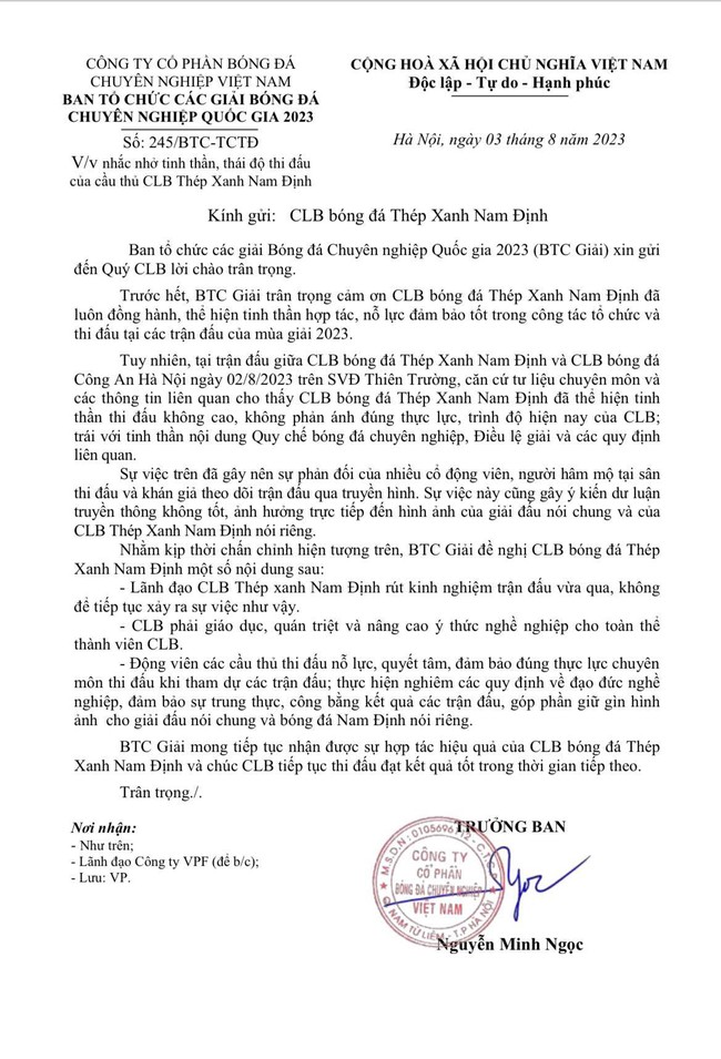 VPF nhắc nhở CLB Thép Xanh Nam Định về tinh thần, thái độ thi đấu - Ảnh 3.