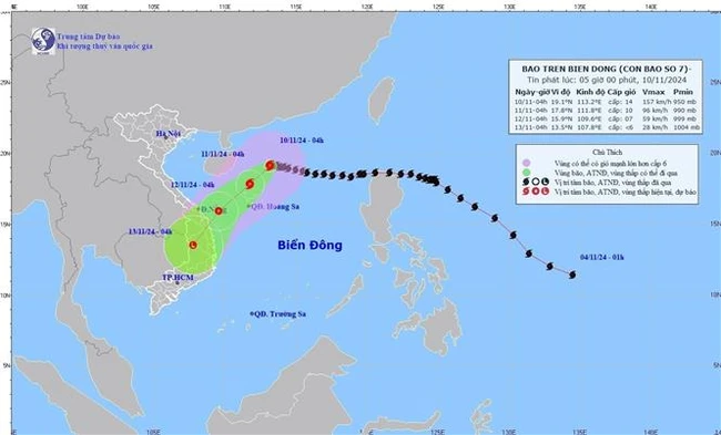 Thời tiết ngày 10/11: Bão số 7 di chuyển chậm hướng Tây, biển động dữ dội - Ảnh 1.