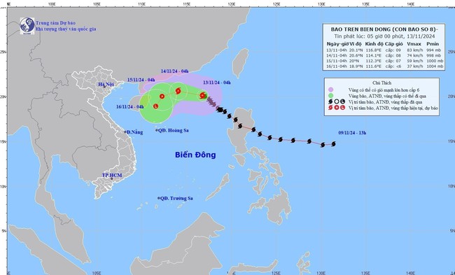 Thời tiết ngày 13/11: Bão số 8 di chuyển theo hướng Tây Tây Bắc, gió giật cấp 11 - Ảnh 1.