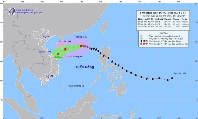 Thời tiết ngày 19/11: Bão số 9 đi vào khu vực Bắc Biển Đông và suy yếu thêm - Ảnh 1.