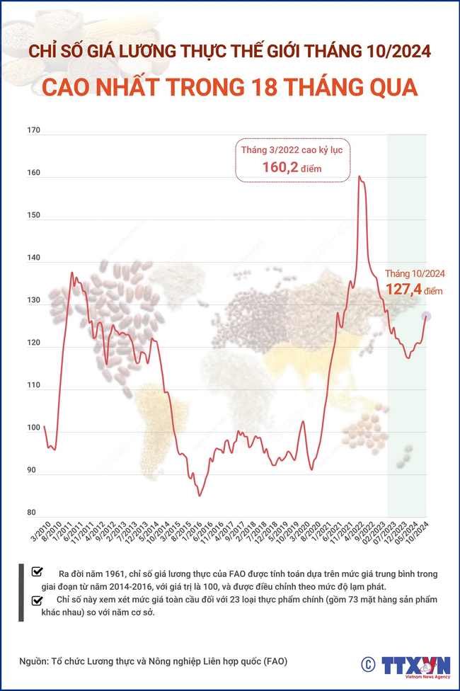 Chỉ số giá lương thực thế giới tháng 10/2024: Cao nhất trong 18 tháng qua - Ảnh 1.
