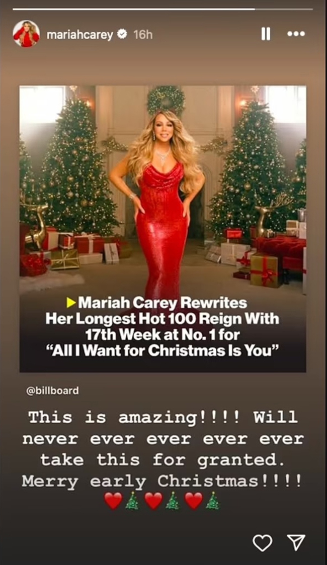 Mariah Carey lập kỷ lục mới với 17 tuần đứng đầu Billboard nhờ &quot;All I Want For Christmas&quot; - Ảnh 1.