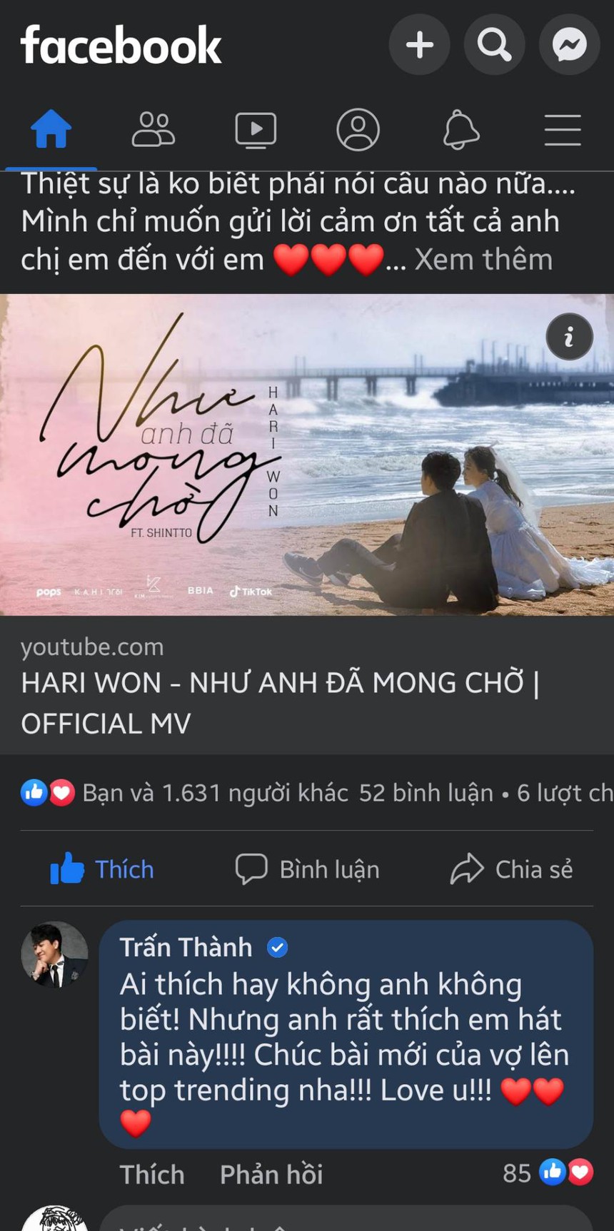 MV mới của Hari Won bị chê, Trấn Thành vào an ủi, chúc MV của vợ lên Top đầu - Ảnh 2. MV mới của Hari Won bị chê, Trấn Thành vào an ủi, chúc MV của vợ lên Top đầu - Ảnh 2.