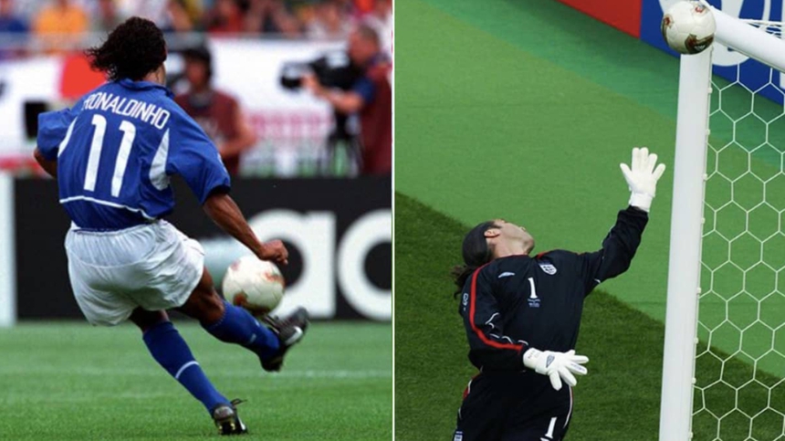 Cú lốp bóng từ chấm đá phạt cách khung thành David Seaman hơn 30m của Ronaldinho tại World Cup 2002