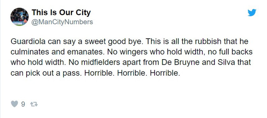 Một CĐV Man City chỉ trích kịch liệt lối chơi mà Pep Guardiola áp đặt lên các học trò trong trận đấu này