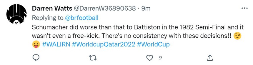 Pha phạm lỗi của Schumacher ở World Cup 1982 còn tồi tệ hơn pha này, mà đó còn chẳng phải là một tình huống được hưởng đá phạt. Trọng tài có những quyết định không nhất quán