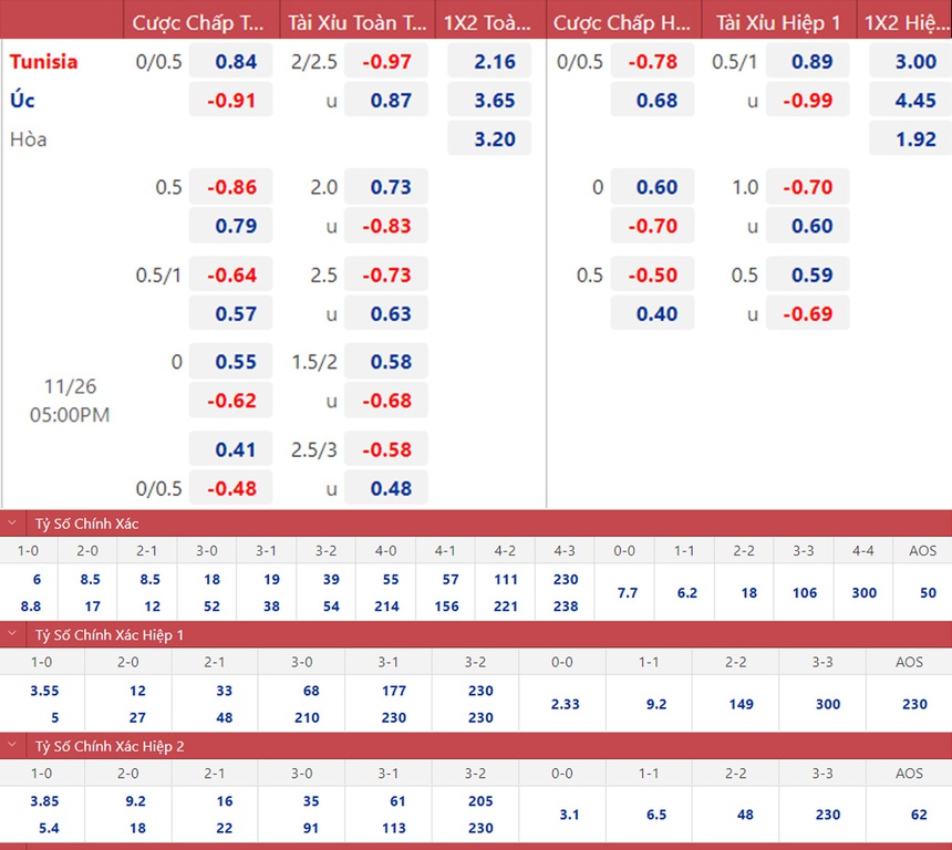 Tỷ lệ kèo trước giờ bóng lăn Tunisia vs Úc, 17h00 hôm nay | WC 2022 - Ảnh 2.