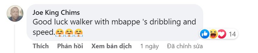 Người dùng @Joe King Chims: "Chúc may mắn Walker khi phải đối đầu với sự lắt léo và tốc độ của Mbappe"