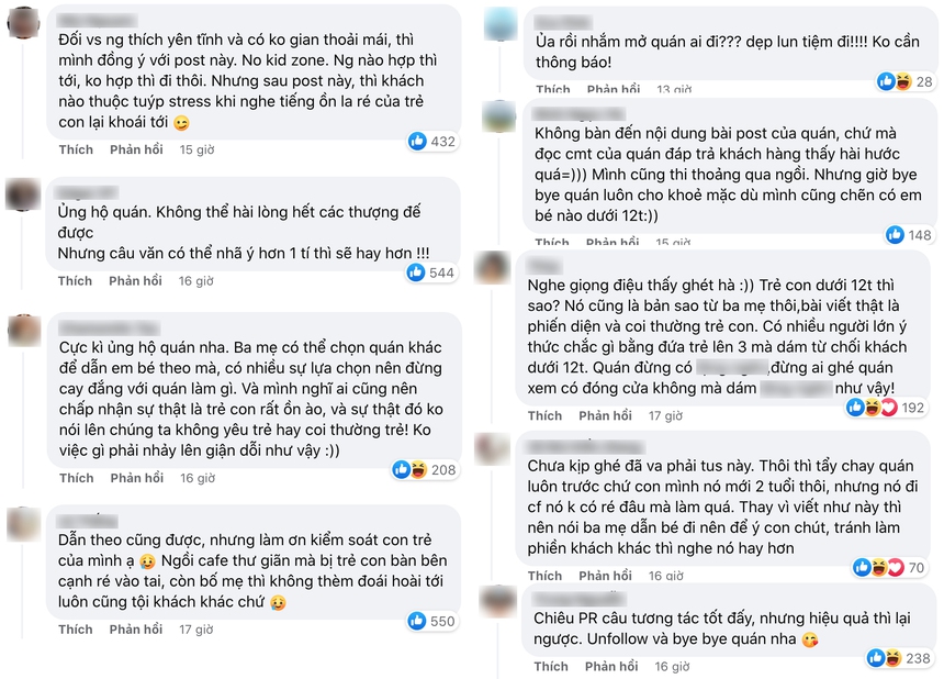 Quán cà phê tuyên bố 'miễn tiếp' khách dưới 12 tuổi gây tranh cãi: Người đồng tình, kẻ phản đối gay gắt - Ảnh 4. Quán cà phê tuyên bố 'miễn tiếp' khách dưới 12 tuổi gây tranh cãi: Người đồng tình, kẻ phản đối gay gắt - Ảnh 4.