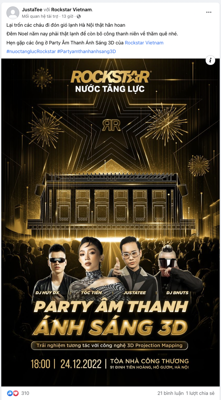 Tóc Tiên, JustaTee hẹn fan "cháy" cùng lễ hội Noel siêu hoành tráng tại Hà Nội - Ảnh 2. Tóc Tiên, JustaTee hẹn fan "cháy" cùng lễ hội Noel siêu hoành tráng tại Hà Nội - Ảnh 2.