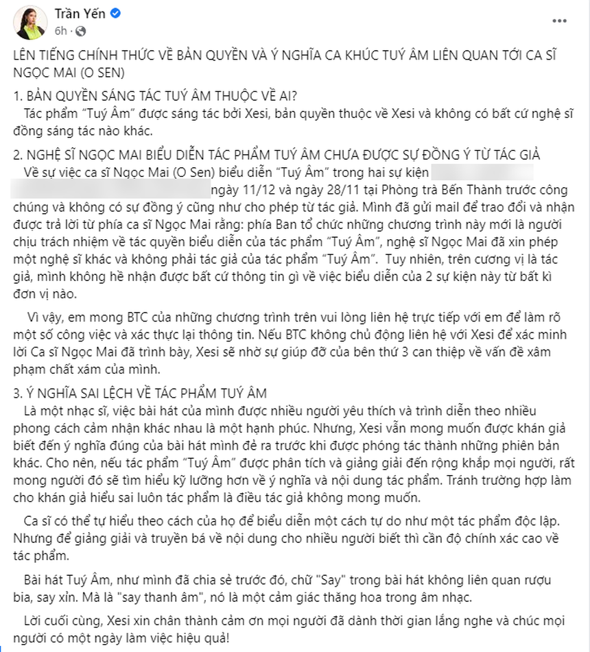 Tác giả Tuý Âm bức xúc khi O Sen Ngọc Mai trình diễn ca khúc chưa xin phép, làm sai lệch ý nghĩa gốc, giám đốc âm nhạc Huy Tuấn nói gì? - Ảnh 4. Tác giả Tuý Âm bức xúc khi O Sen Ngọc Mai trình diễn ca khúc chưa xin phép, làm sai lệch ý nghĩa gốc, giám đốc âm nhạc Huy Tuấn nói gì? - Ảnh 4.