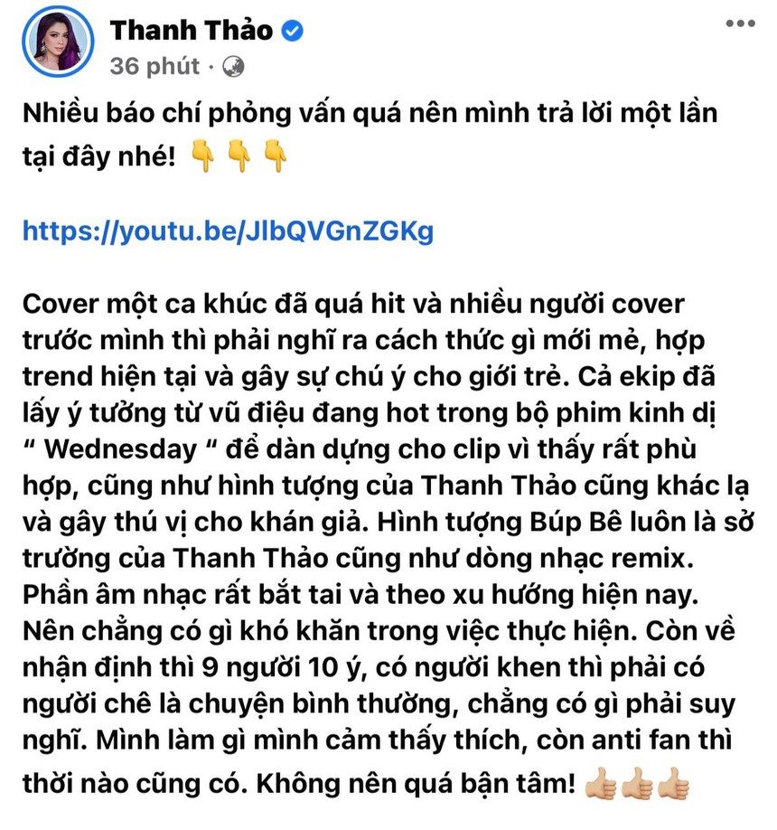 Thanh Thảo lên tiếng khi cover "Wednesday Trên Tầng Lầu" bị chê "ố dề": "Mình làm gì mình cảm thấy thích, còn antifan thời nào cũng có" - Ảnh 1.