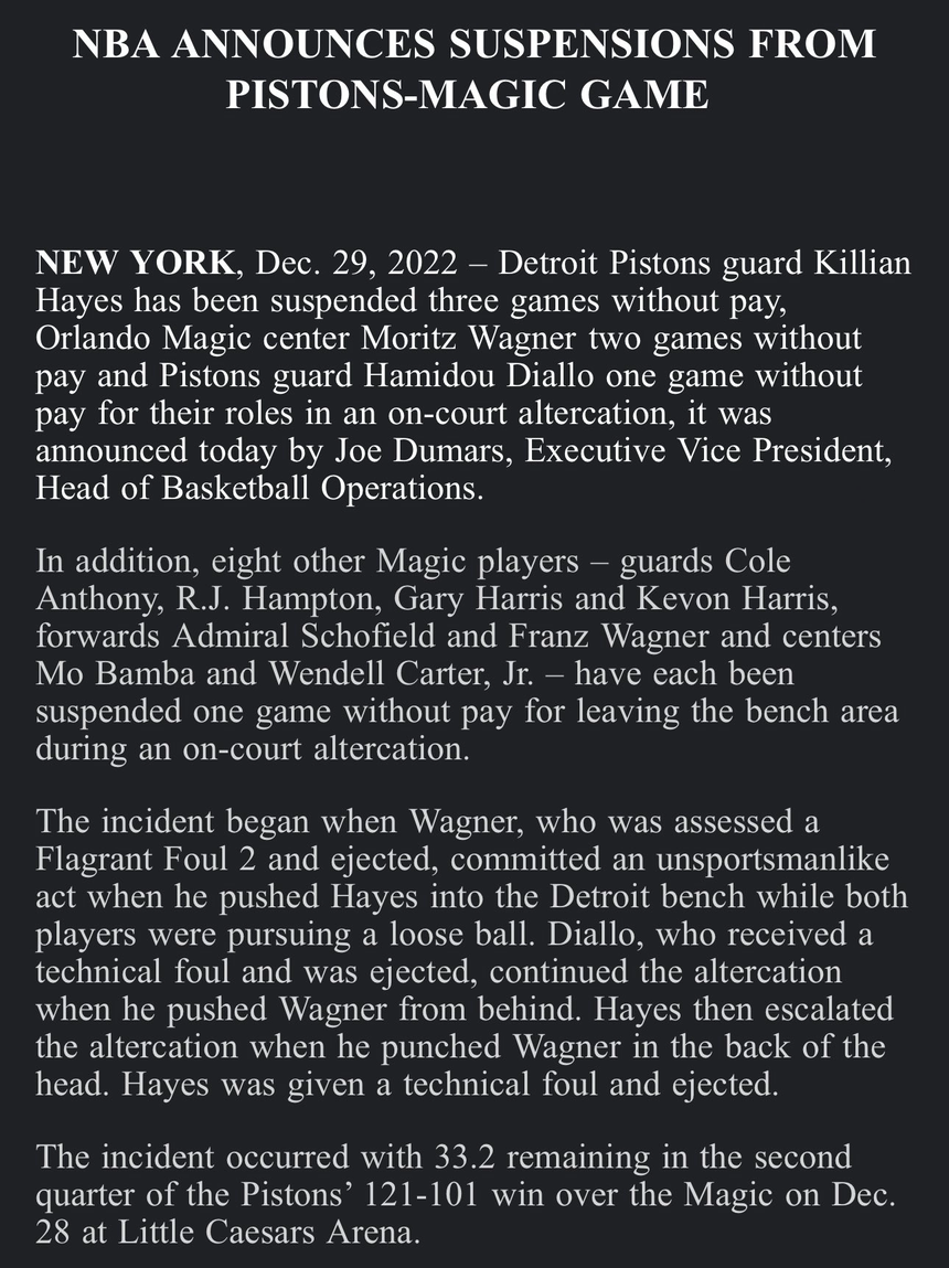 NBA treo giò 11 cầu thủ sau vụ xô xát giữa Pistons và Magic - Ảnh 1. NBA treo giò 11 cầu thủ sau vụ xô xát giữa Pistons và Magic - Ảnh 1.
