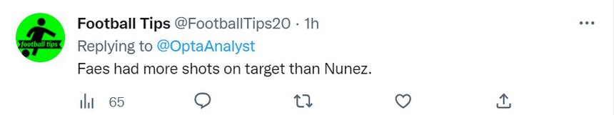 Tài khoản @FootballTips20: "Đến cả Faes còn sút trúng đích nhiều hơn Nunez" Tài khoản @FootballTips20: "Đến cả Faes còn sút trúng đích nhiều hơn Nunez"
