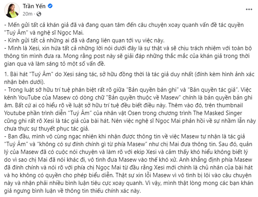 Xesi tiếp tục phản bác "O Sen" xoay quanh vấn đề bản quyền Túy Âm: "Không biết lí do gì chị Mai lại nói khác đi, đưa Masew vào thế khó xử" - Ảnh 1.