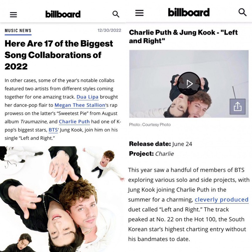Jungkook BTS và Charlie Puth được Billboard vinh danh - Ảnh 2. Jungkook BTS và Charlie Puth được Billboard vinh danh - Ảnh 2.