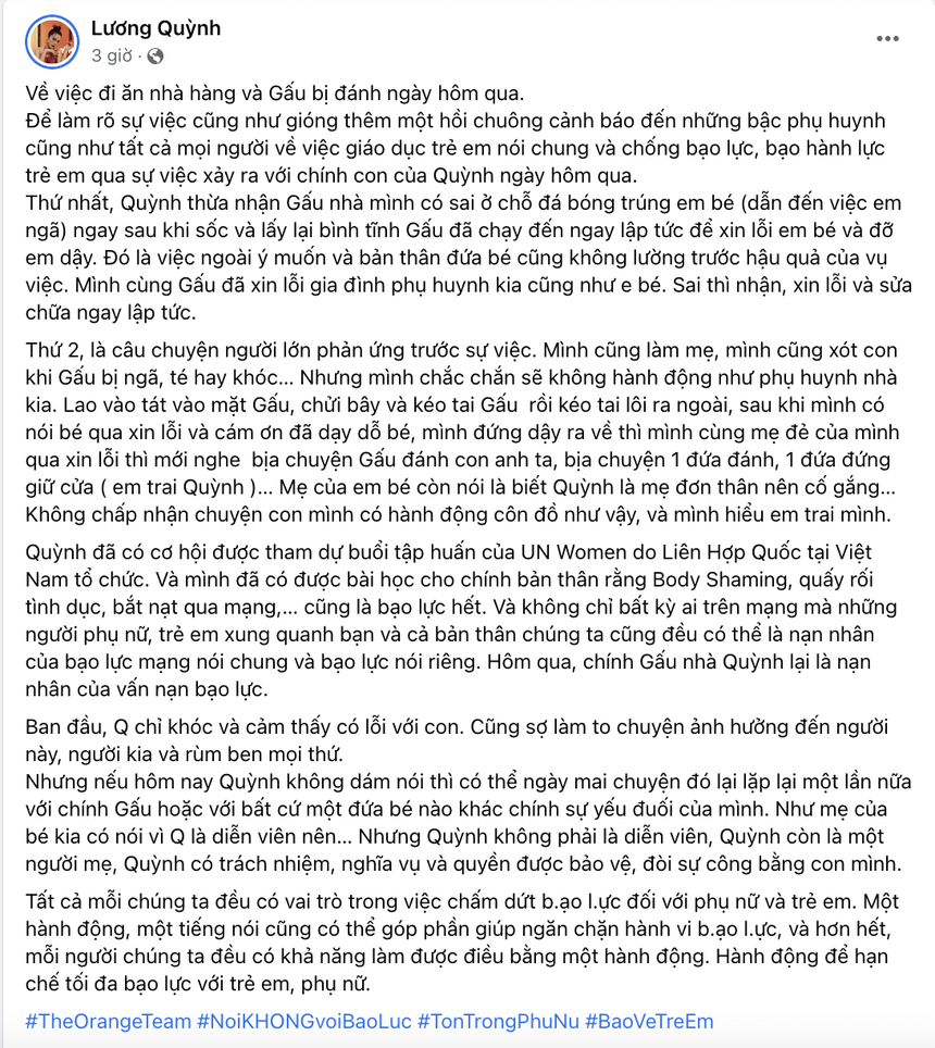 Vụ con trai Quỳnh Lương làm ngã đứa trẻ khác trong nhà hàng: Chính chủ tố con bị đánh, vu khống, còn bản thân bị mỉa mai vì là "mẹ đơn thân" - Ảnh 1.