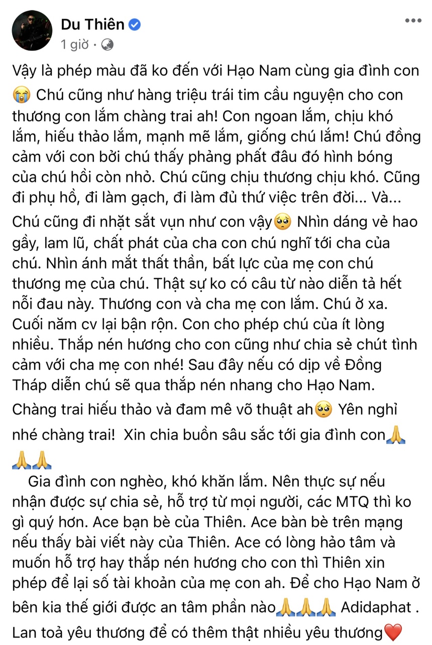 Du Thiên ủng hộ gia đình bé ở Đồng Tháp 20 triệu, phản ứng của netizen thế nào? - Ảnh 1. Du Thiên ủng hộ gia đình bé ở Đồng Tháp 20 triệu, phản ứng của netizen thế nào? - Ảnh 1.