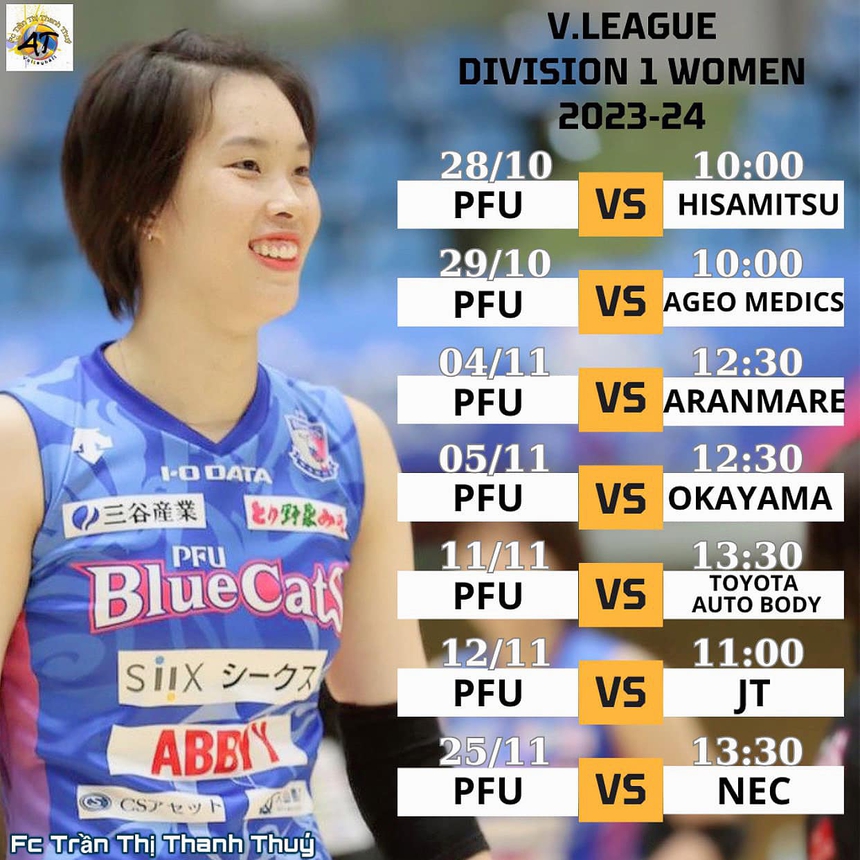 Lịch thi đấu của Thanh Thúy và đồng đội ở PFU Blue Cats trong tháng 10 và 11/2023
