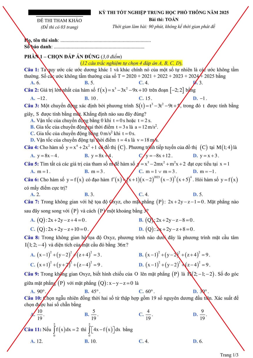 Đề thi môn Toán lan truyền trên mạng không phải Đề thi tham khảo Kỳ thi tốt nghiệp Trung học Phổ thông 2025 - Ảnh 1.