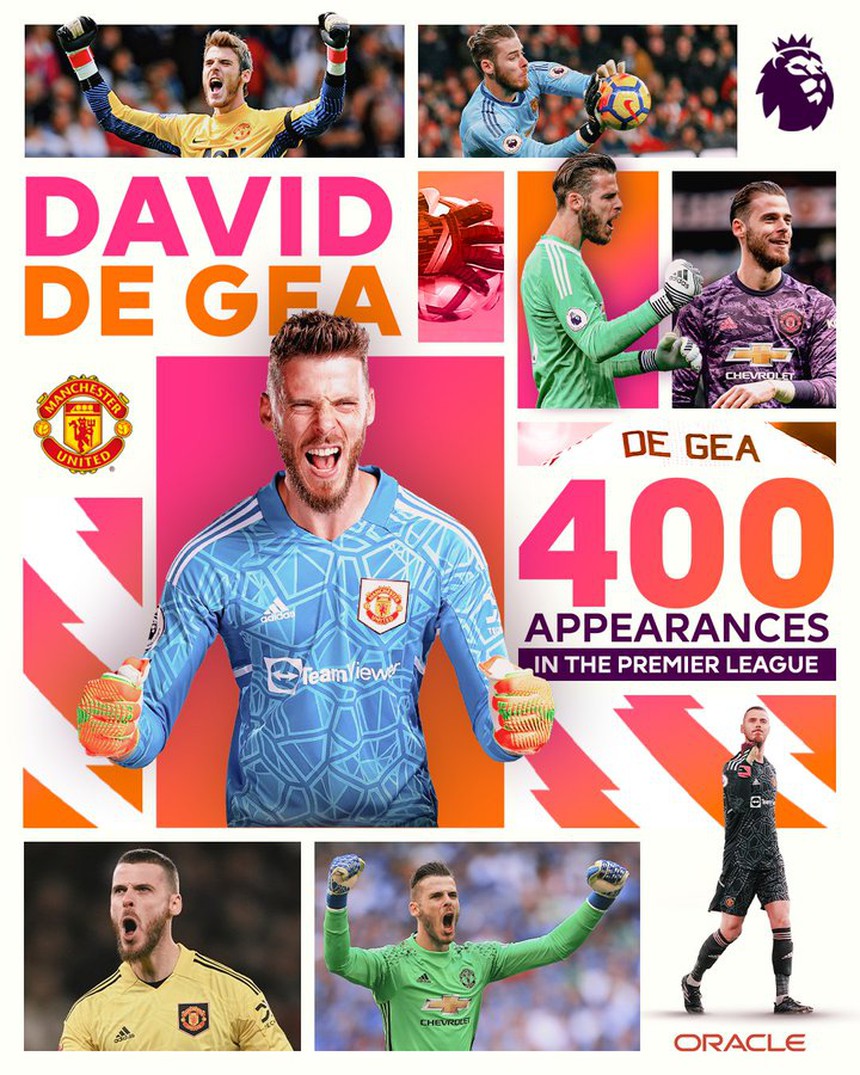 De Gea là thủ môn đầu tiên trong lịch sử MU chạm mốc 400 trận đấu ở giải Ngoại hạng.
