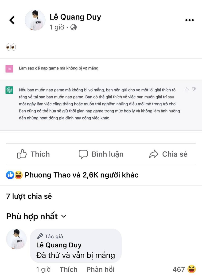 SofM nghe lời khuyên của ChatGPT để nạp game không bị vợ mắng, nhưng kết quả nhận về trái đắng - Ảnh 2. SofM nghe lời khuyên của ChatGPT để nạp game không bị vợ mắng, nhưng kết quả nhận về trái đắng - Ảnh 2.