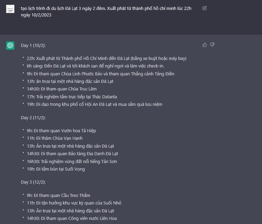 Chuyện thật như đùa: xôn xao việc ChatGPT viết luôn lịch trình đi Đà Lạt cho người dùng từ A-Z - Ảnh 2. Chuyện thật như đùa: xôn xao việc ChatGPT viết luôn lịch trình đi Đà Lạt cho người dùng từ A-Z - Ảnh 2.