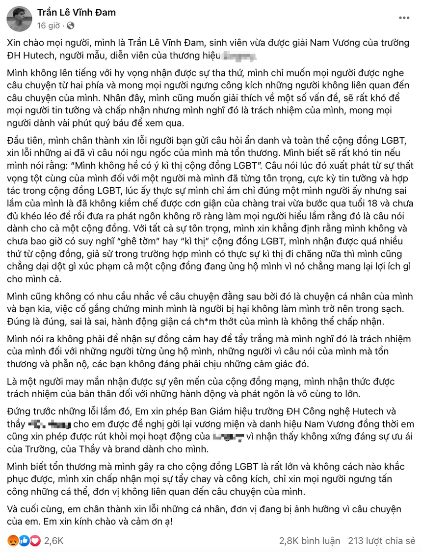 Nam vương HUTECH cao 1m91 bị tố lợi dụng LGBT để nổi tiếng nhưng lại kỳ thị cộng đồng này: Chính chủ nói gì? - Ảnh 4.