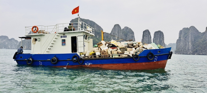 Thành phố Hạ Long ra quân thu gom phao xốp trên Vịnh Di sản - Ảnh 1.