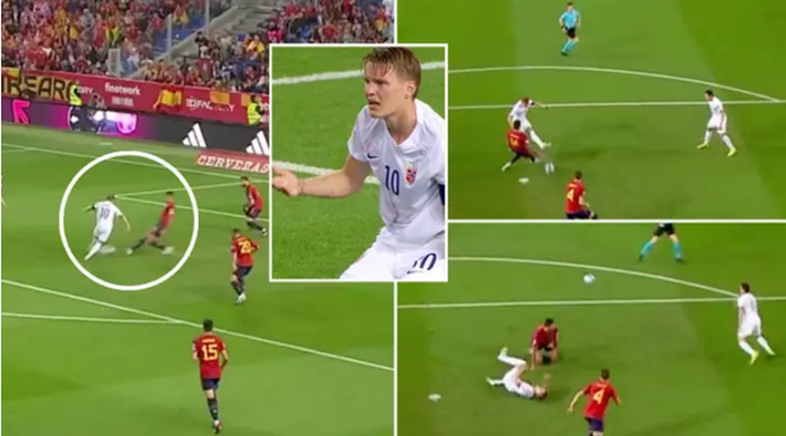 Pha tắc bóng của Rodri khiến Odegaard bị đau ở trận Tây Ban Nha thắng Na Uy 3-0 tại vòng loại EURO 2024 Pha tắc bóng của Rodri khiến Odegaard bị đau ở trận Tây Ban Nha thắng Na Uy 3-0 tại vòng loại EURO 2024