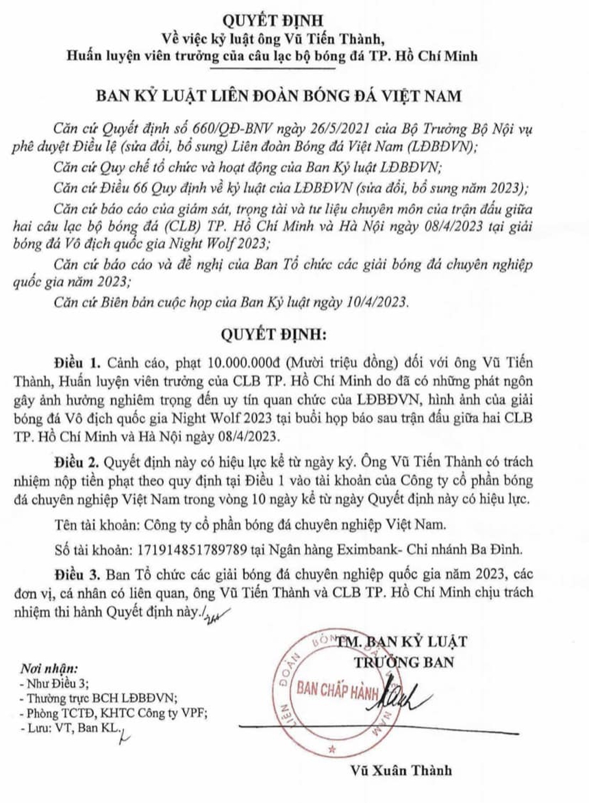Cảnh cáo và phạt 10 triệu HLV Vũ Tiến Thành vì liên tục phát ngôn ‘sốc’, chê V-League - Ảnh 3.
