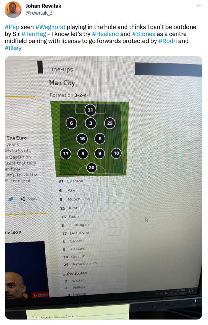 Nhìn đội hình kỳ lạ của Man City, CĐV cho rằng Guardiola đang biến Haaland thành Weghorst - Ảnh 2. Nhìn đội hình kỳ lạ của Man City, CĐV cho rằng Guardiola đang biến Haaland thành Weghorst - Ảnh 2.