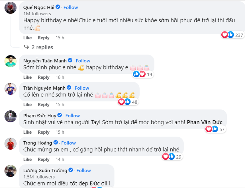 Rất nhiều bạn bè, đồng nghiệp gửi lời chúc mừng, chúc sức khỏe Văn Đức sau ca phẫu thuật thành công Rất nhiều bạn bè, đồng nghiệp gửi lời chúc mừng, chúc sức khỏe Văn Đức sau ca phẫu thuật thành công