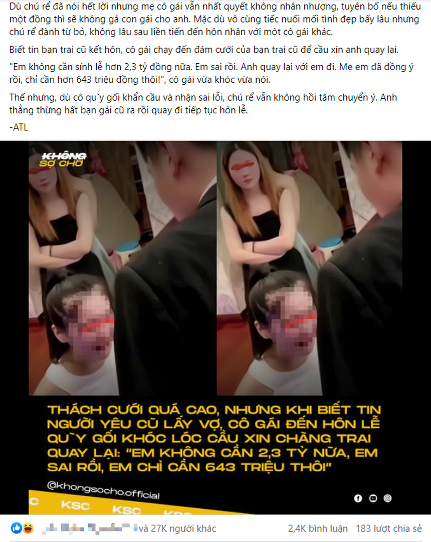 Sự thật về clip cô gái thách cưới 2,3 tỷ nên bạn trai đi lấy vợ khác, lễ cưới đến tận nơi hạ giá 'Em chỉ cần 643 triệu thôi' - Ảnh 2.